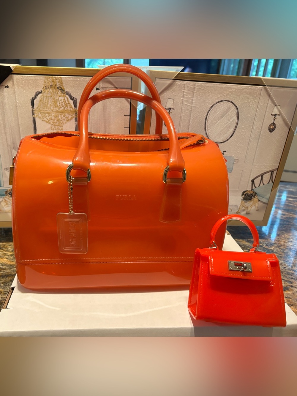 NWOT - Furla Orange Jelly Candy Bag Satchel with Top Handles and her Baby Sister